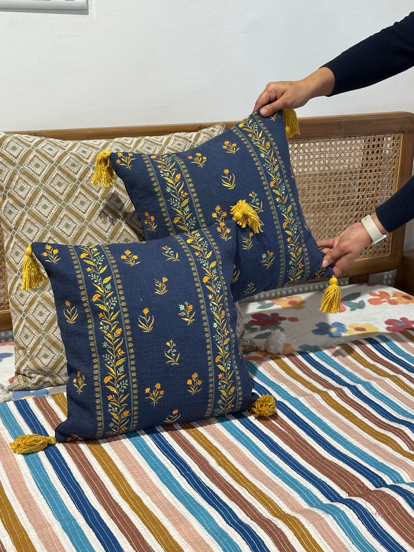 EMBROIDERED DARK BLUE CUSHION COVER