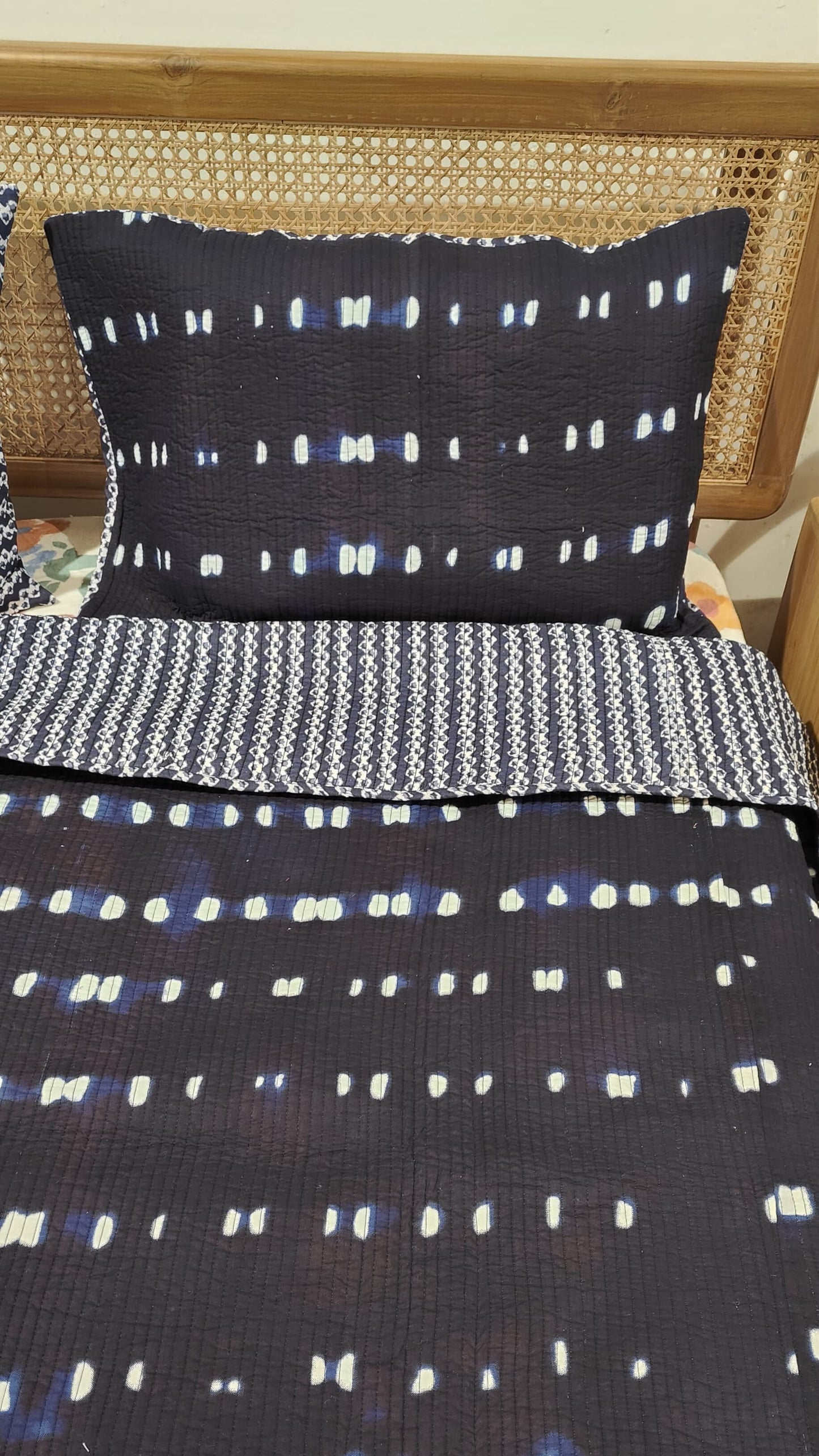 Quilted Blockprinted Reversible Bedcover - Indigo(Set of 5 with Cushion)