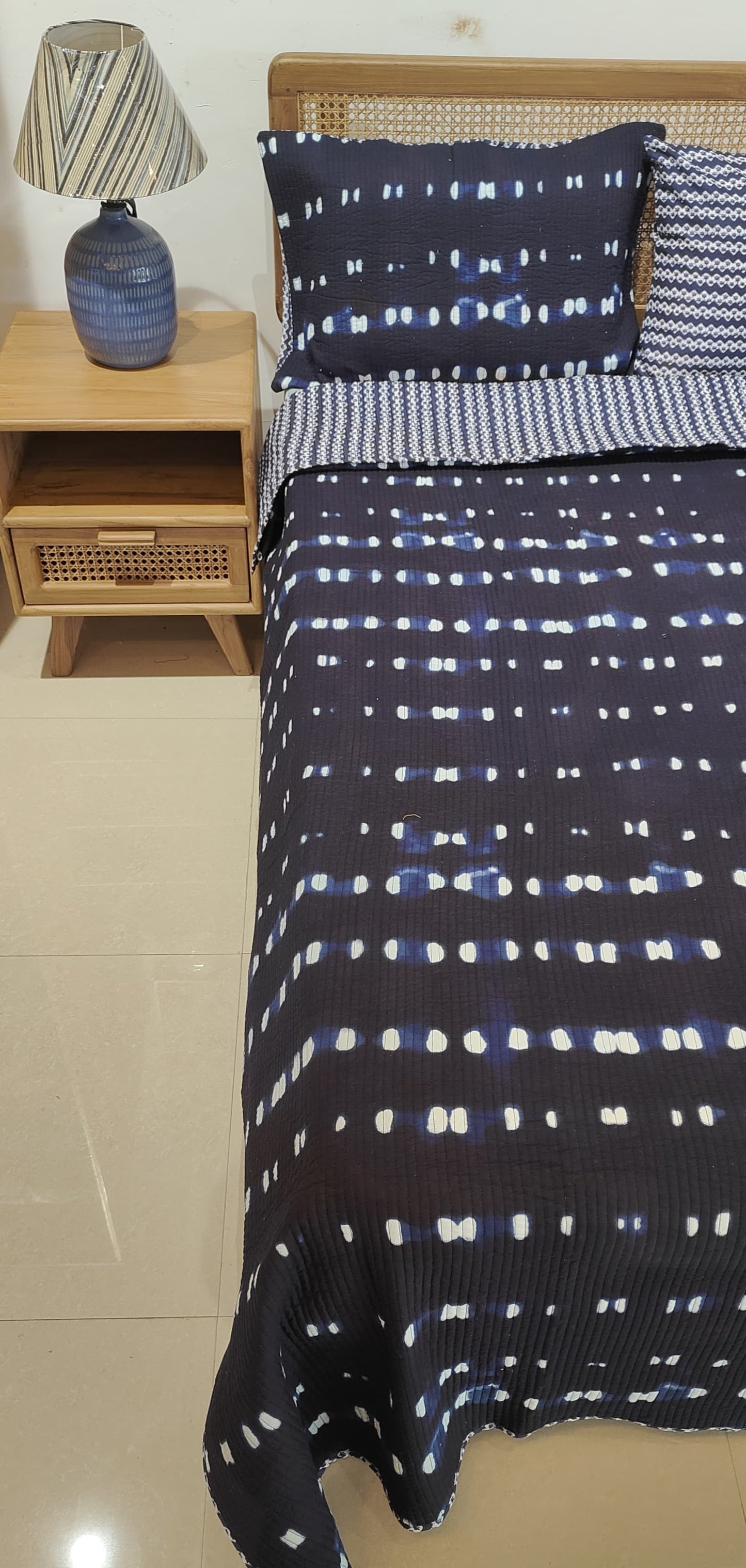 Quilted Blockprinted Reversible Bedcover - Indigo(Set of 5 with Cushion)