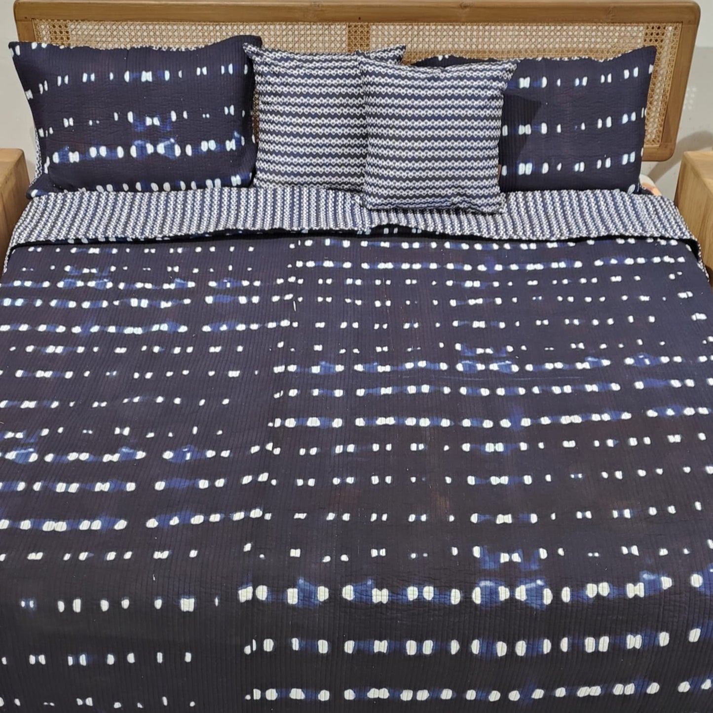 Quilted Blockprinted Reversible Bedcover - Indigo(Set of 5 with Cushion)