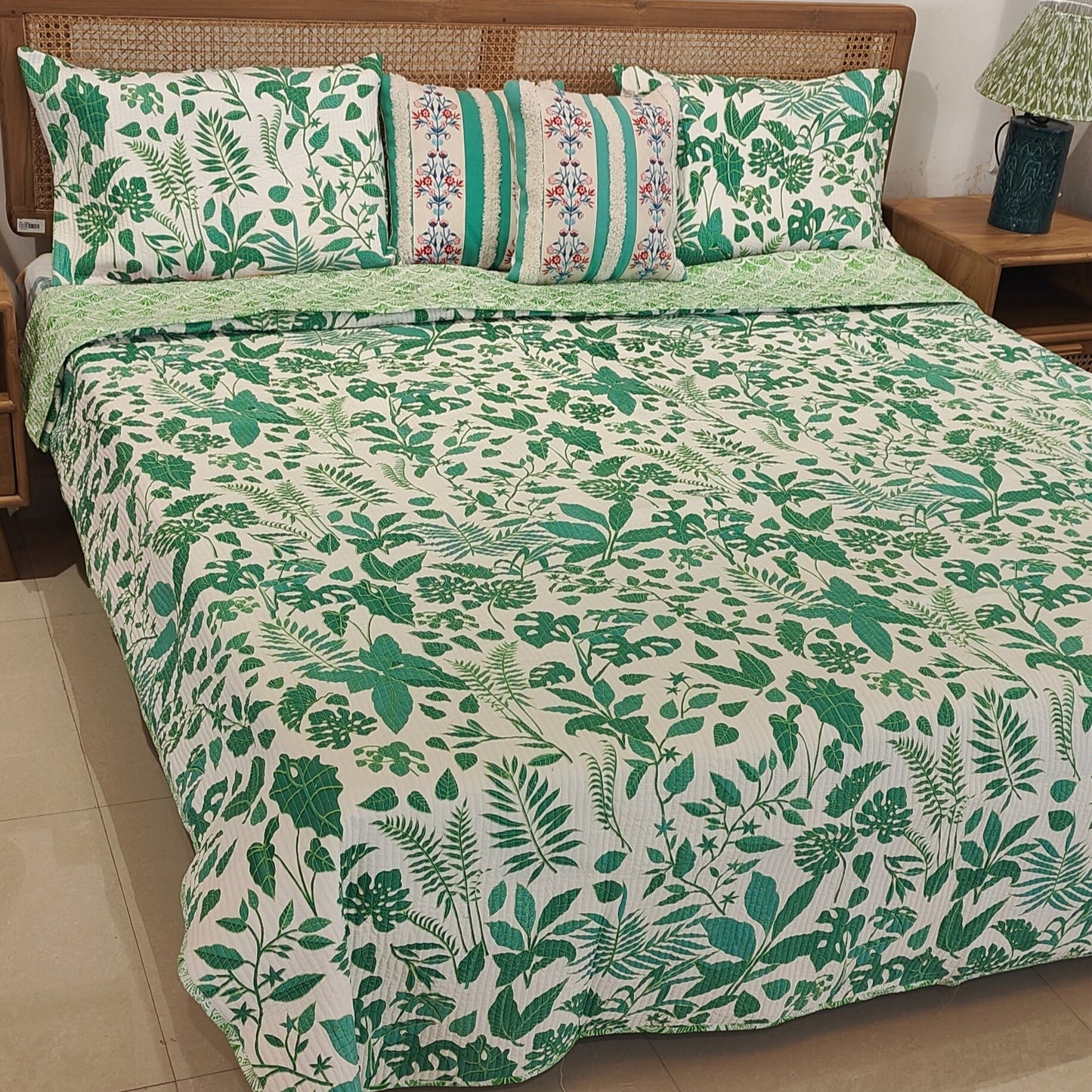 Quilted Blockprinted Reversible Bedcover - Flora
