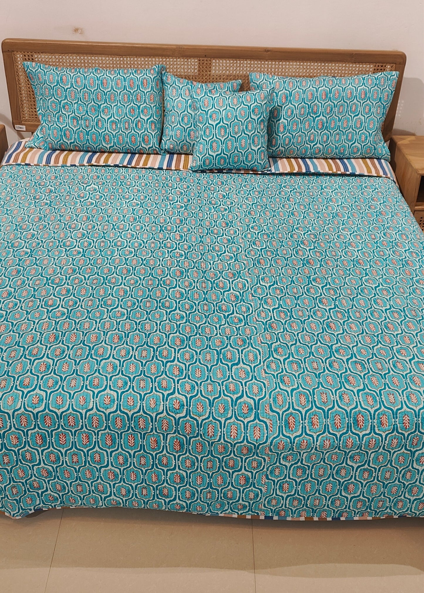 Quilted Blockprinted Bedcover - Carnation
