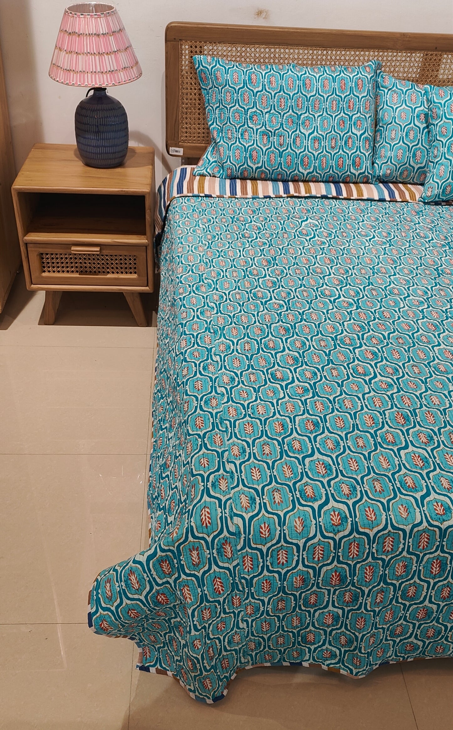 Quilted Blockprinted Bedcover - Carnation
