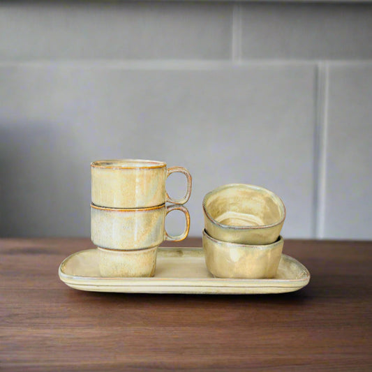 Set of 5- Earthy Porcelain Mugs, Platter and Dip Bowl