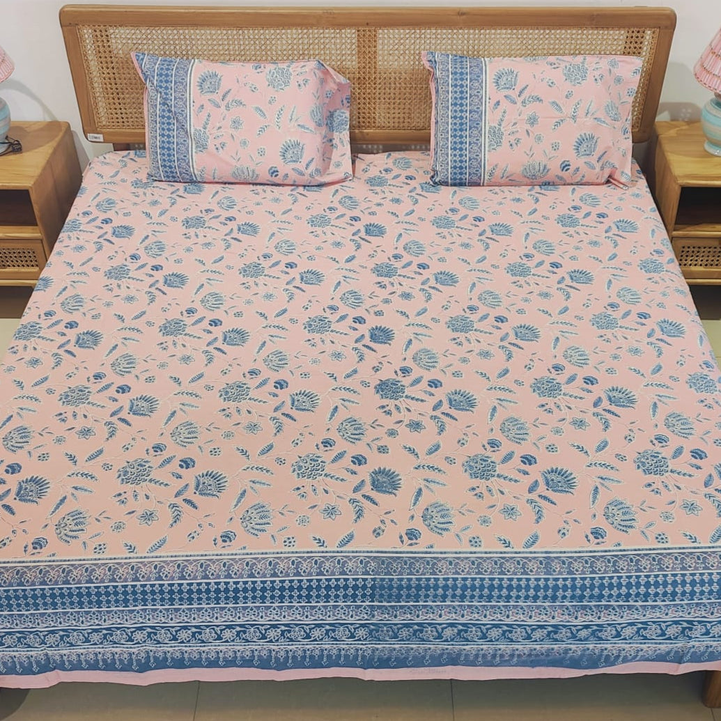 Pink & Blue Floral Cotton Bedsheet Set
