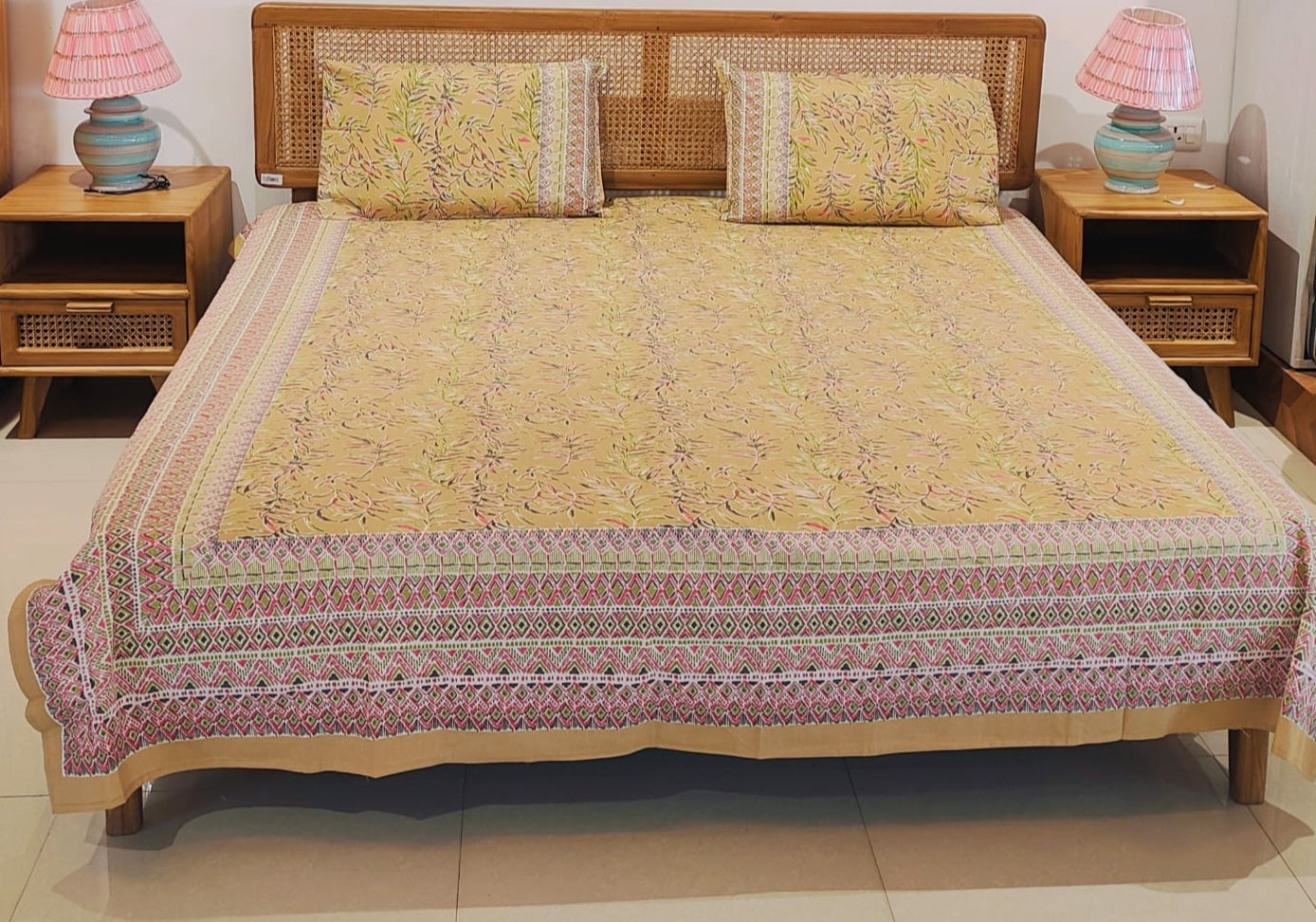 Mustard Yellow Leafy Vine Printed Cotton Bedsheet