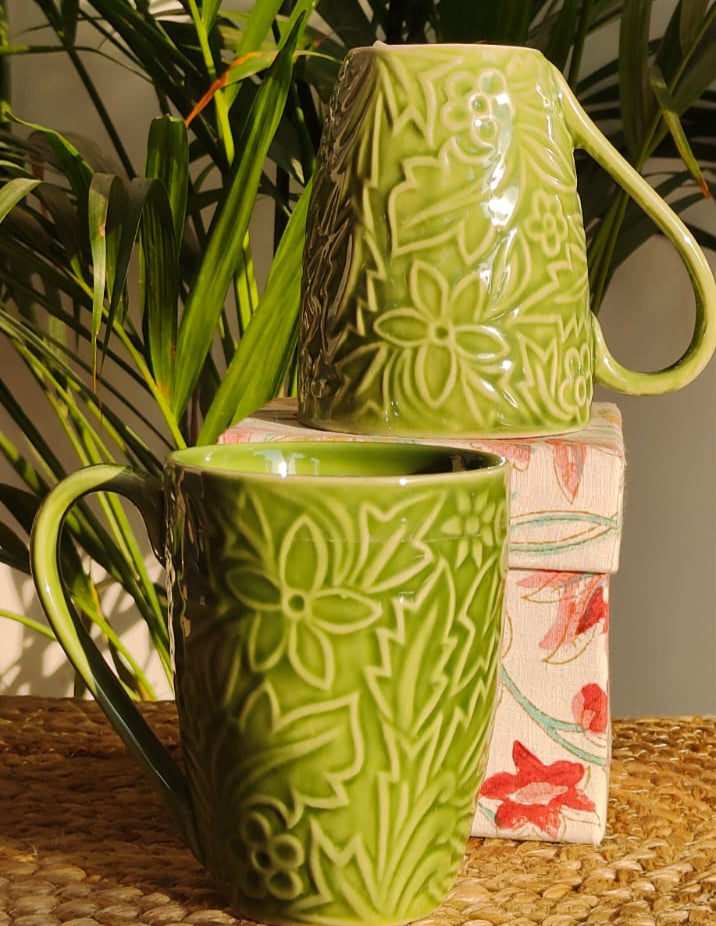 Embossed Coffee Mugs (Green) SET OF 4