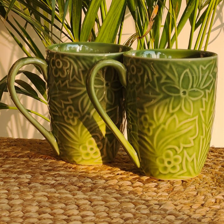 Embossed Coffee Mugs (Green) SET OF 4