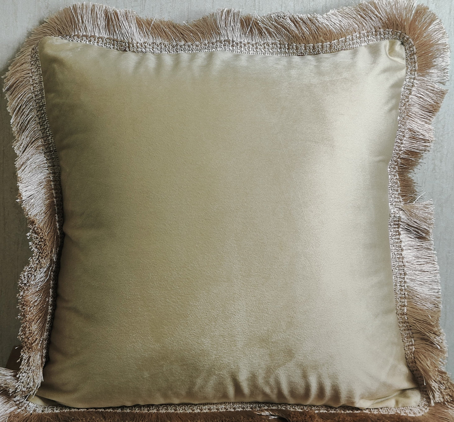 Golden Fringed Velvet Cushion Cover