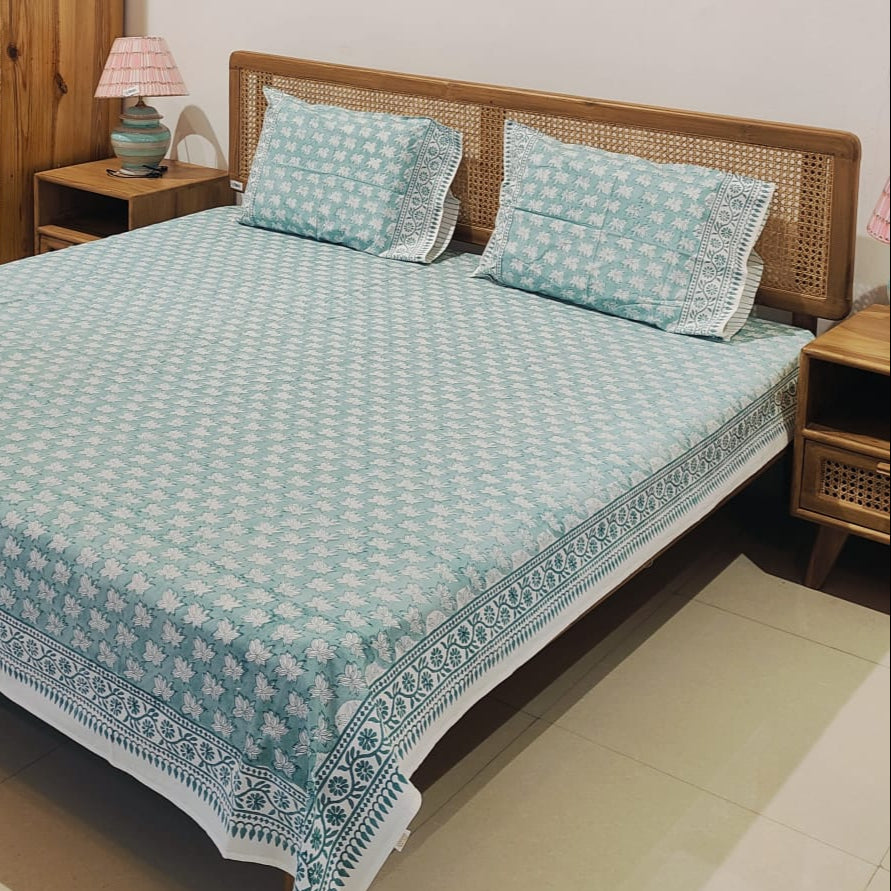 Aqua Blue Hand Block Printed Cotton Bedsheet Set
