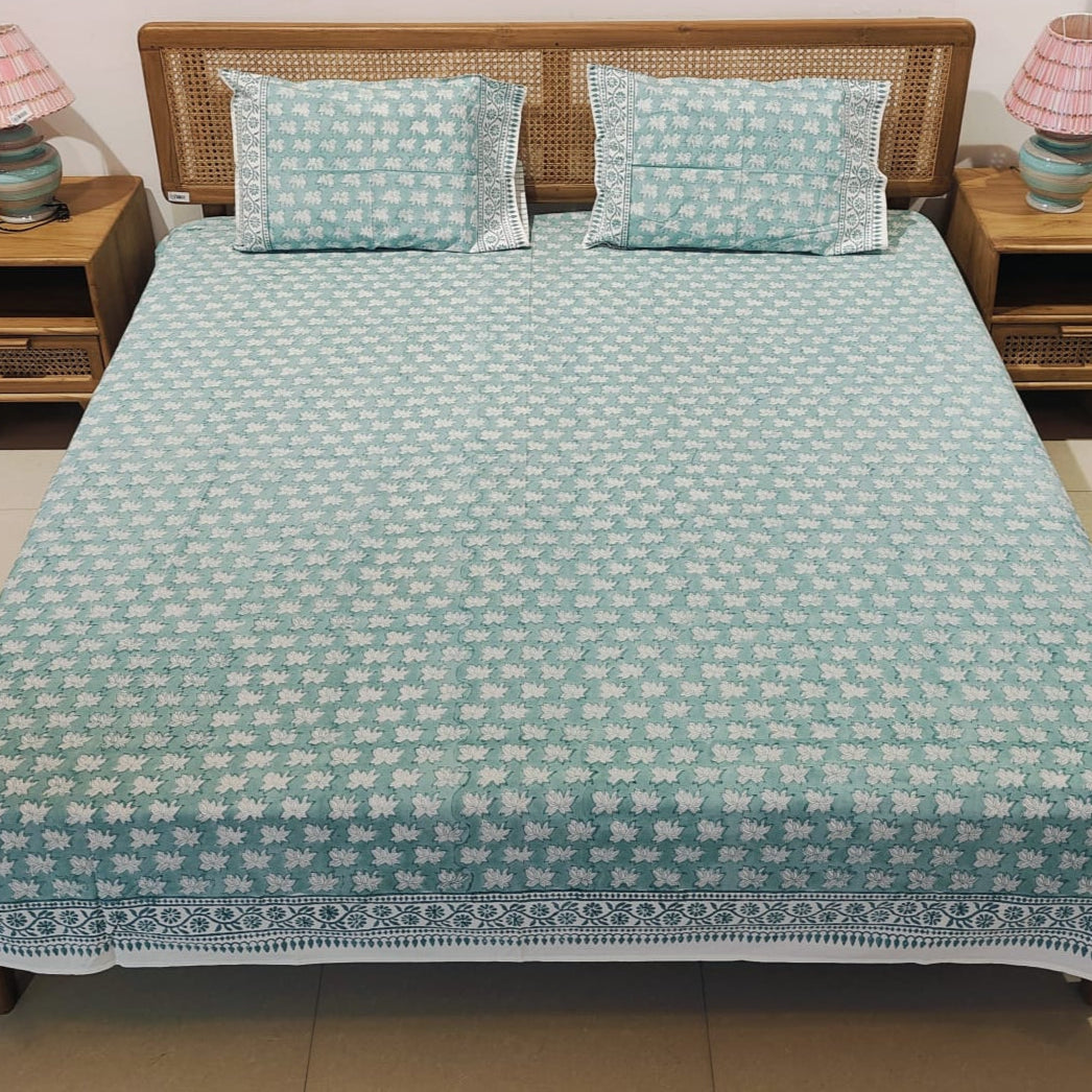 Aqua Blue Hand Block Printed Cotton Bedsheet Set