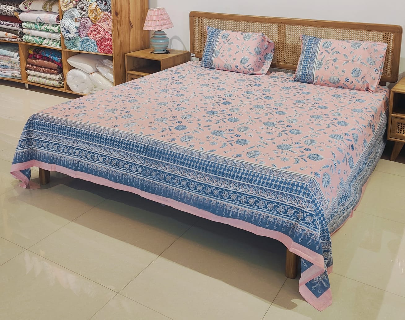 Pink & Blue Floral Cotton Bedsheet Set