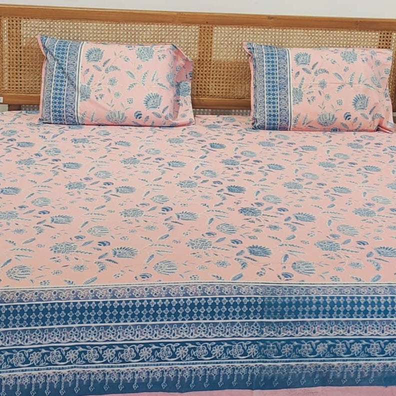 Pink & Blue Floral Cotton Bedsheet Set