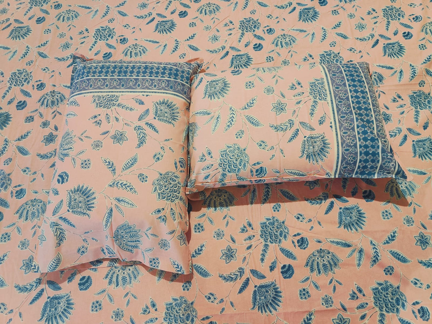 Pink & Blue Floral Cotton Bedsheet Set