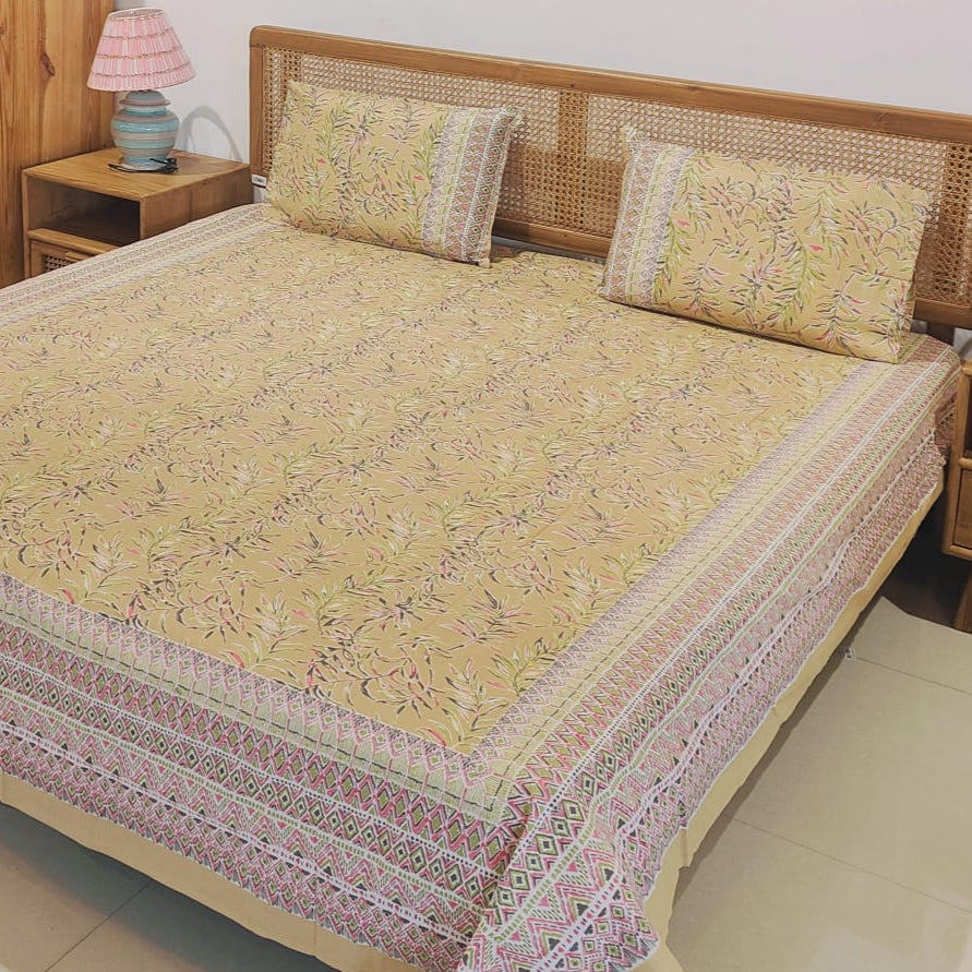 Mustard Yellow Leafy Vine Printed Cotton Bedsheet