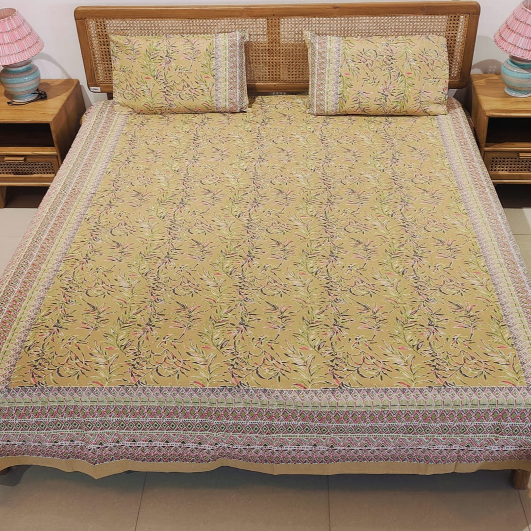 Mustard Yellow Leafy Vine Printed Cotton Bedsheet