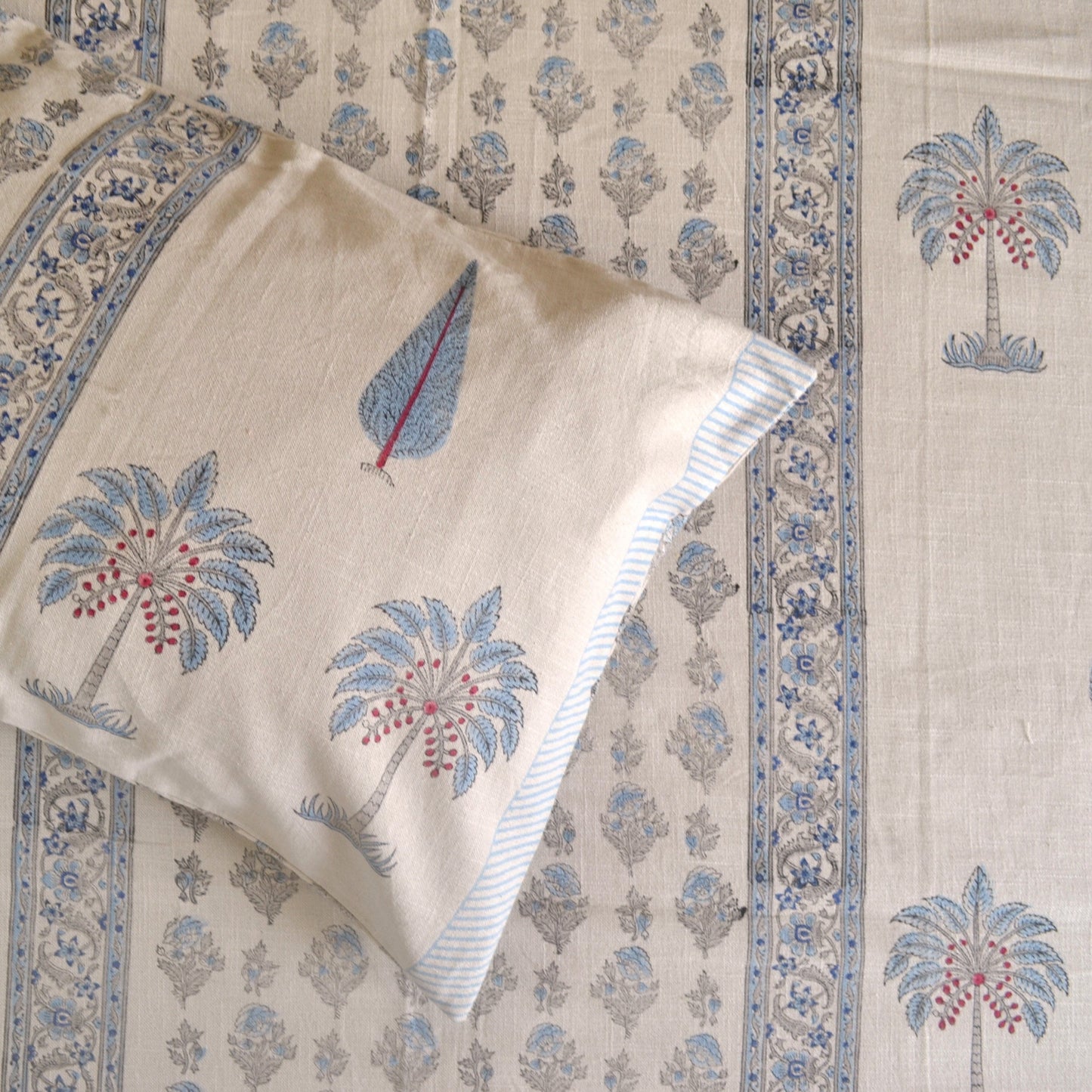 Palm Blockprinted Cotton Bedcover- Blue