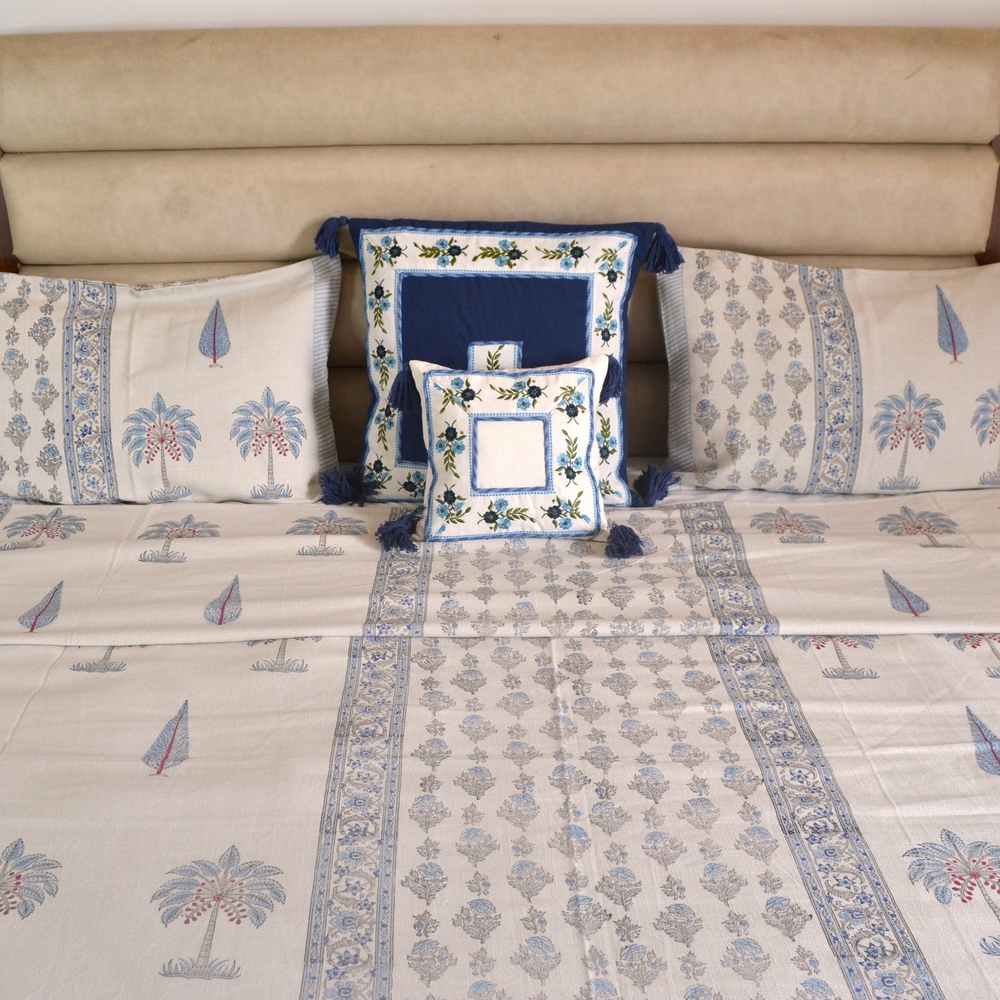 Palm Blockprinted Cotton Bedcover- Blue