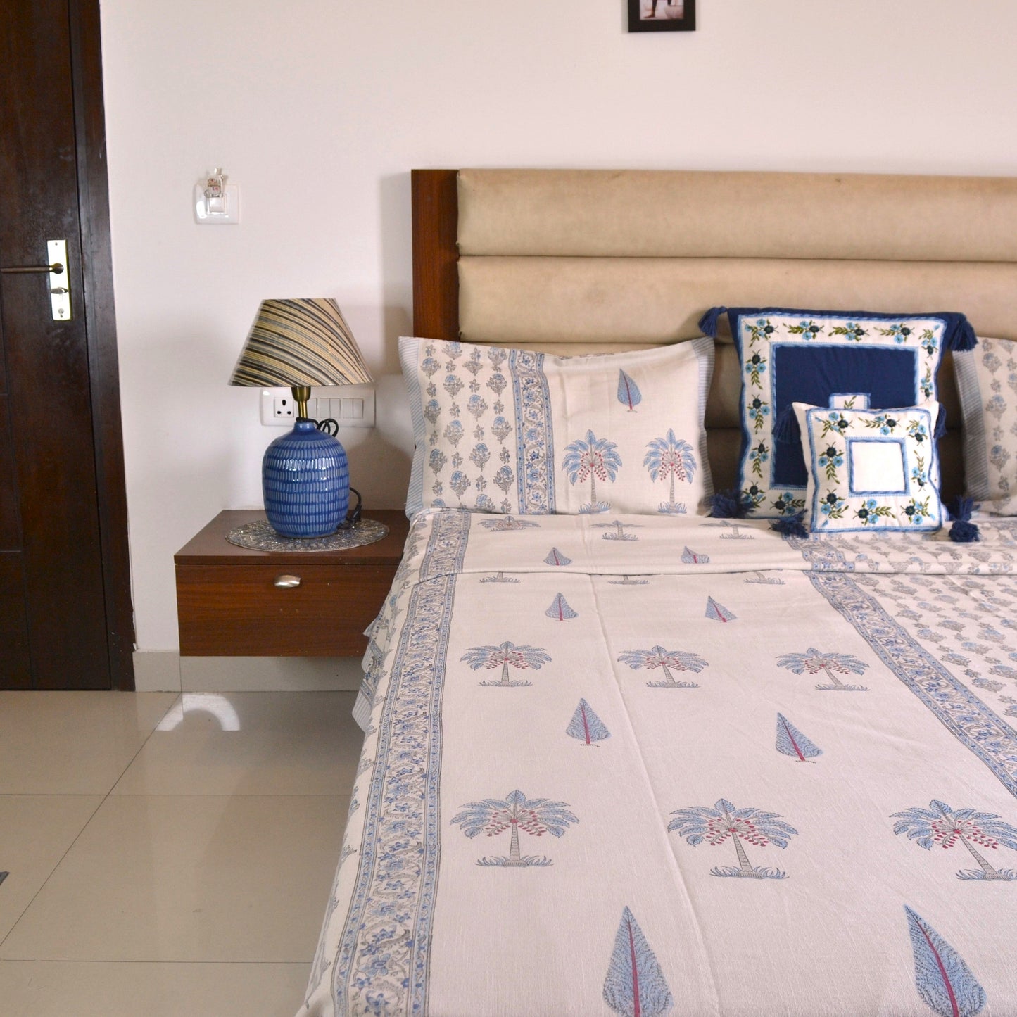 Palm Blockprinted Cotton Bedcover- Blue
