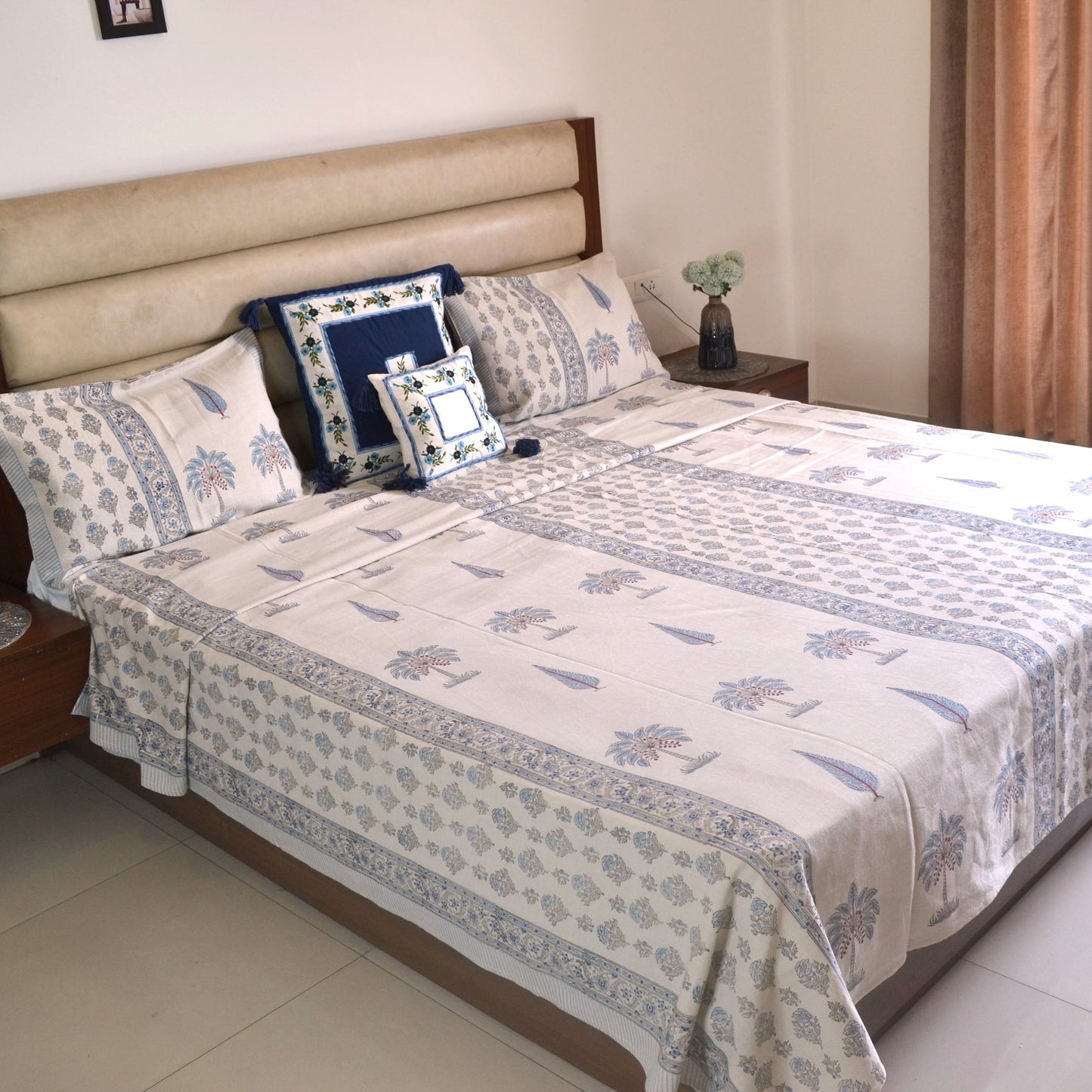 Palm Blockprinted Cotton Bedcover- Blue