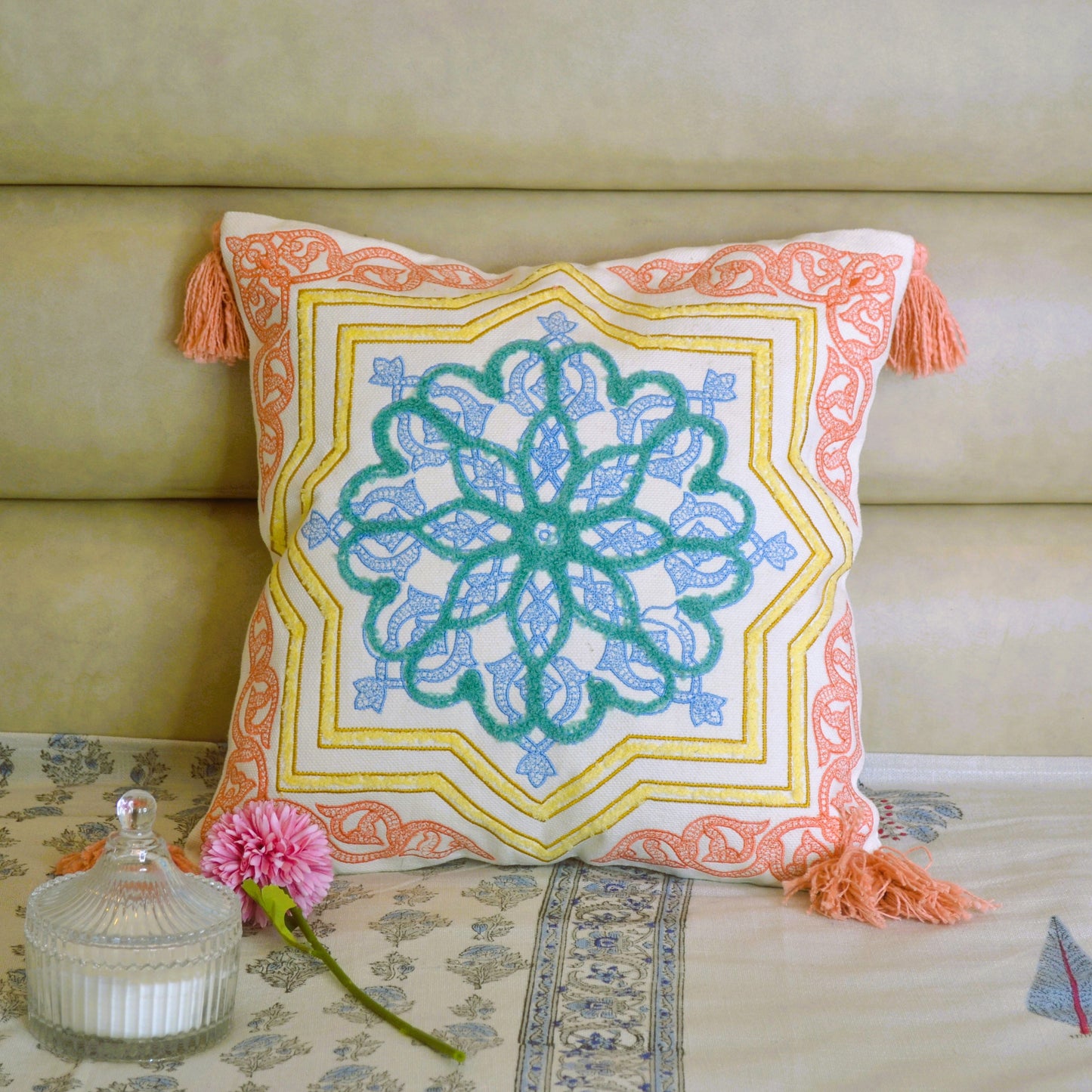 Embroidery  Tufted Cushion Cover-Peach