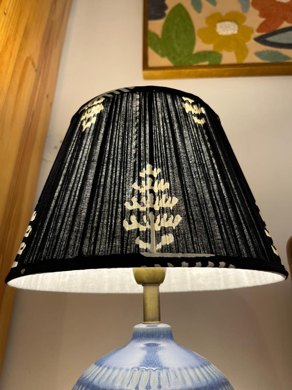 Block Printed Pleated Lamp Shade - Mid night tree