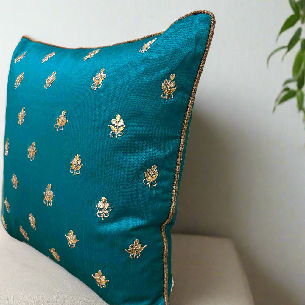 PEACOCK BLUE GOTA PATTI BUTTA CUSHION COVER