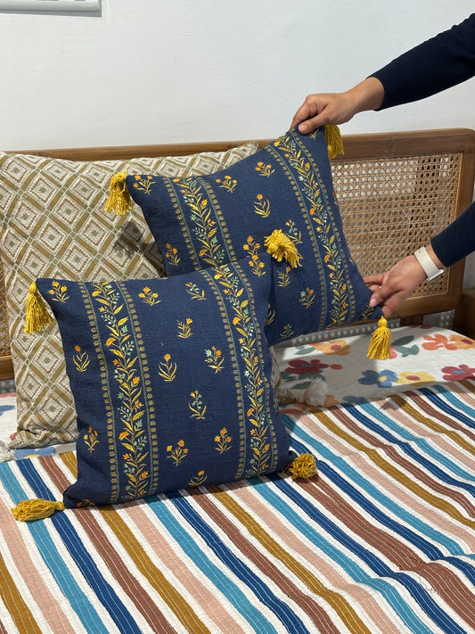 EMBROIDERED DARK BLUE CUSHION COVER