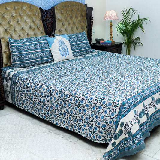 Gulmohar Blockprinted Jute Bedcover- Blue