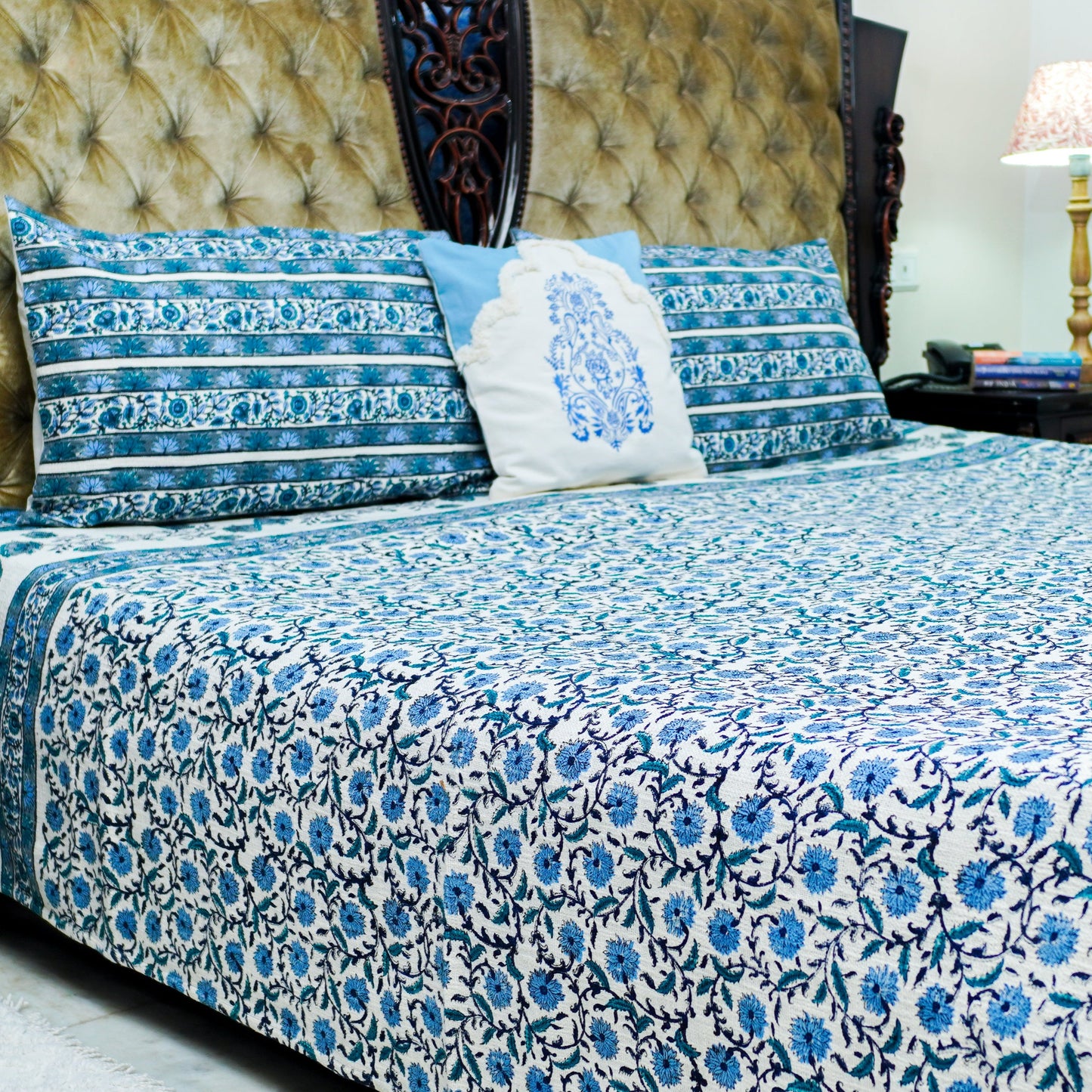 Gulmohar Blockprinted Jute Bedcover- Blue