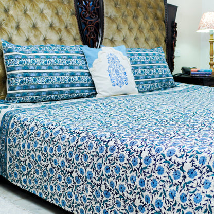 Gulmohar Blockprinted Jute Bedcover- Blue