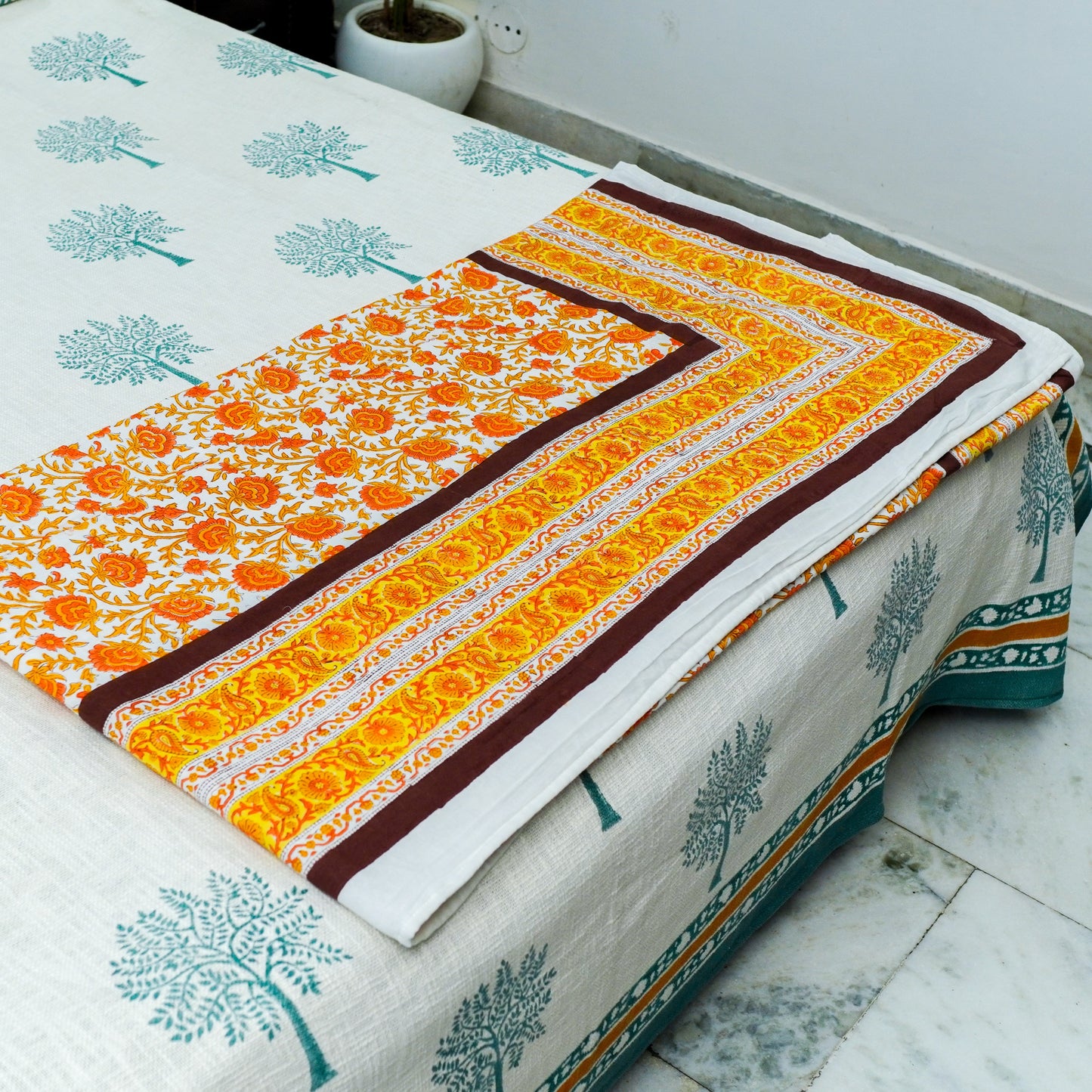 Gulmohar Dohar Blockprinted Cotton- Yellow