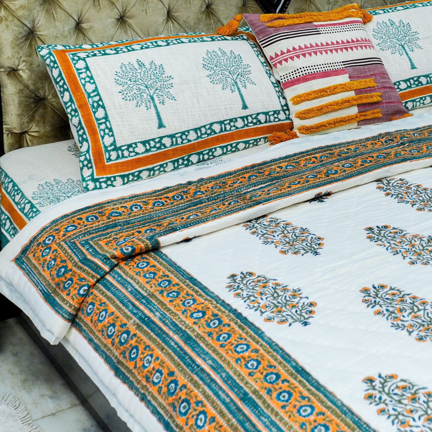 Gulmohar Quilted Block Printed- White