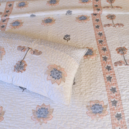 Lotus Quilted Block Printed Bedcover-Peach