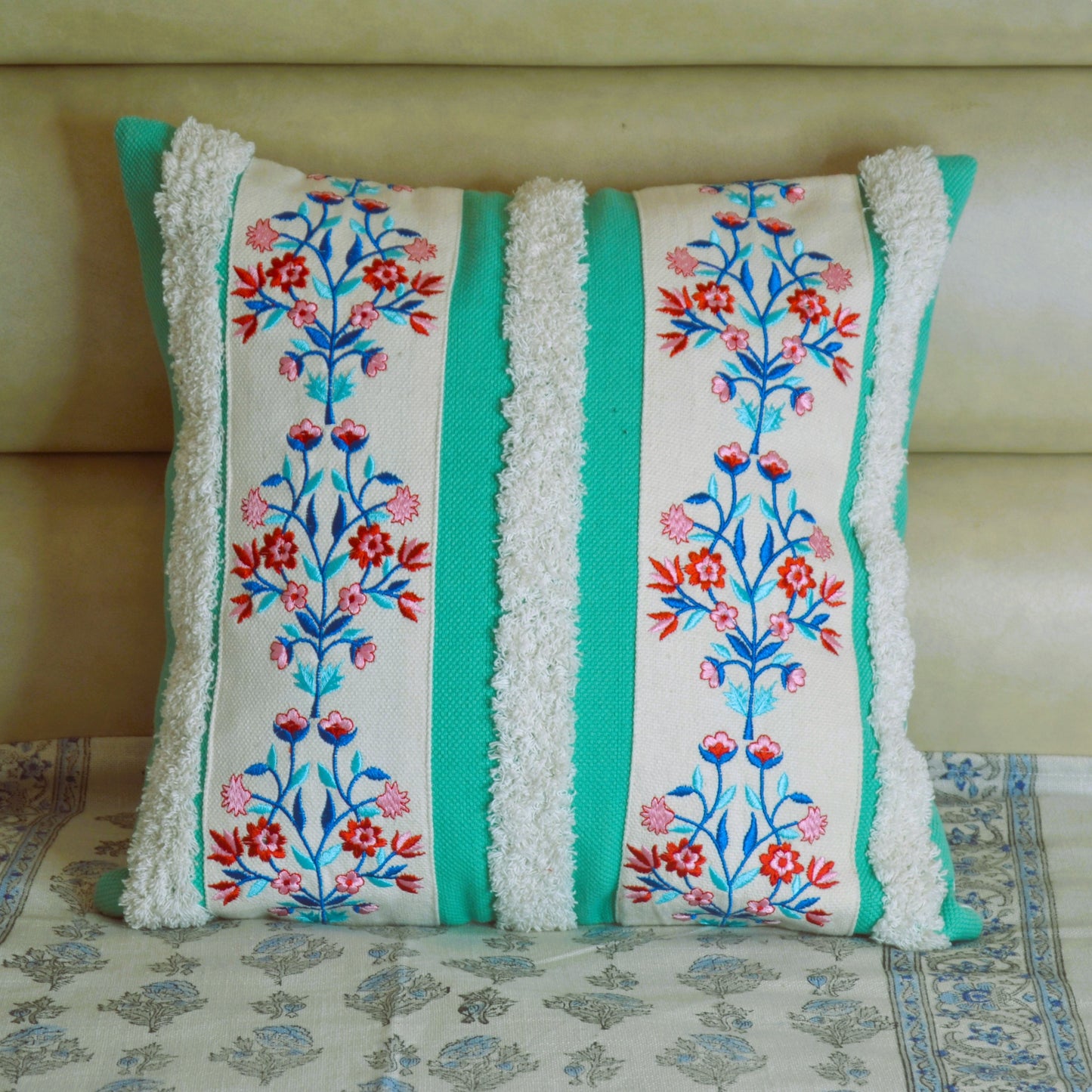 Embroidery Tufted Cushion Cover-Torquoise