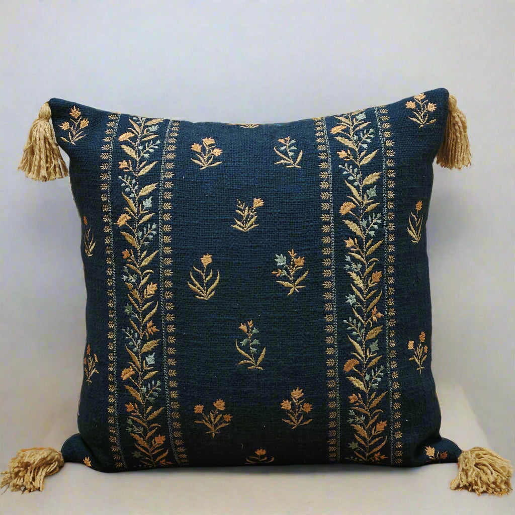EMBROIDERED DARK BLUE CUSHION COVER