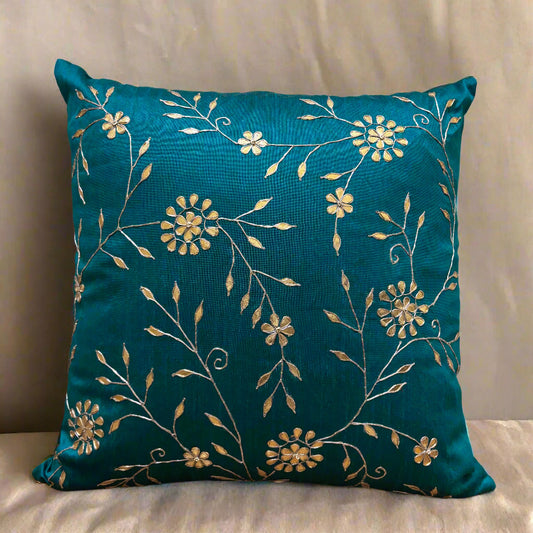PEACOCK BLUE JAAL GOTA PATTI CUSHION COVER