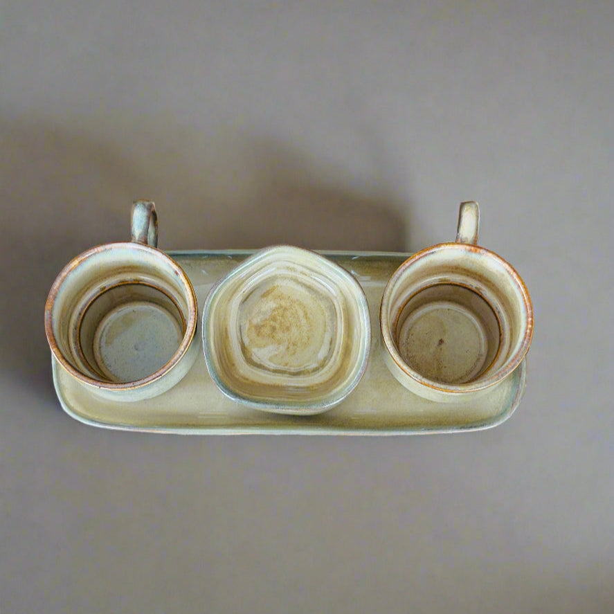 Set of 5- Earthy Porcelain Mugs, Platter and Dip Bowl