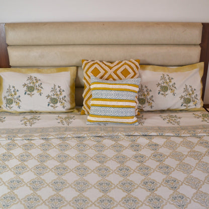 Moroccan Block Printed Cotton Bedcover-Yellow