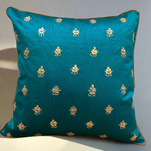 PEACOCK BLUE GOTA PATTI BUTTA CUSHION COVER