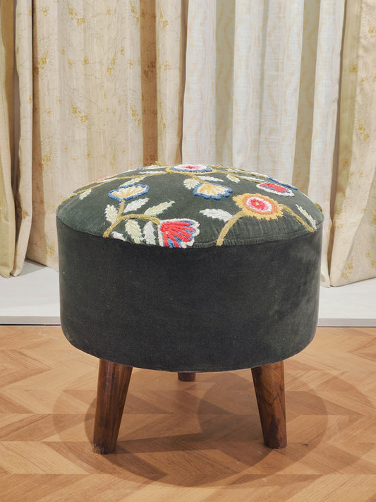 Embroidered Velvet Handwoven Ottoman – Floral Green