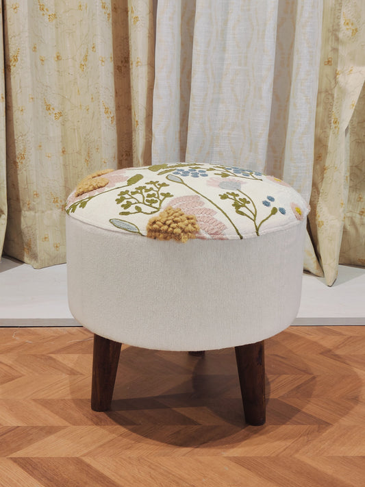 Embroidered Handwoven Ottoman – Pastel Cream Bloom