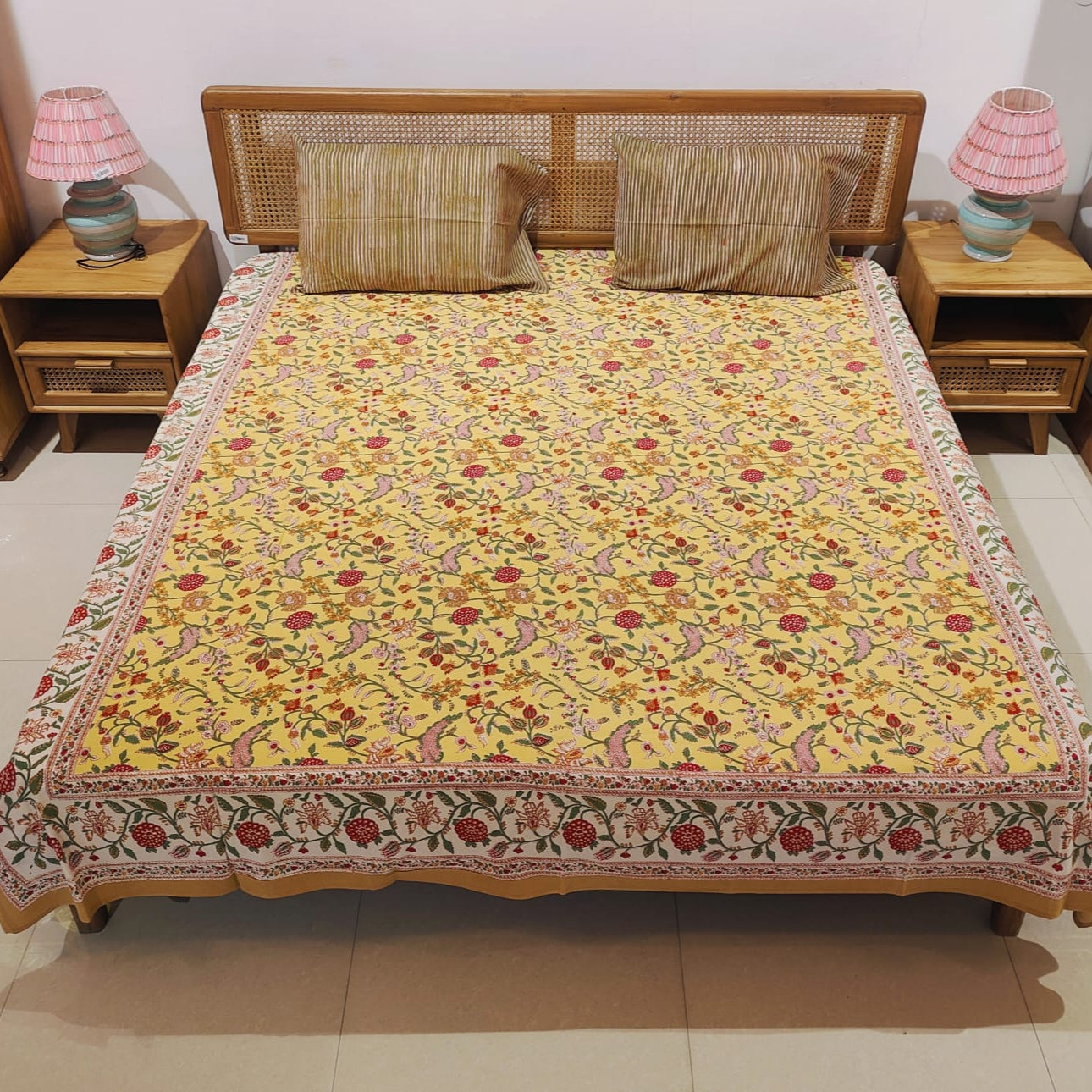 Vibrant Yellow Hand Block Printed Cotton Bedsheet Set