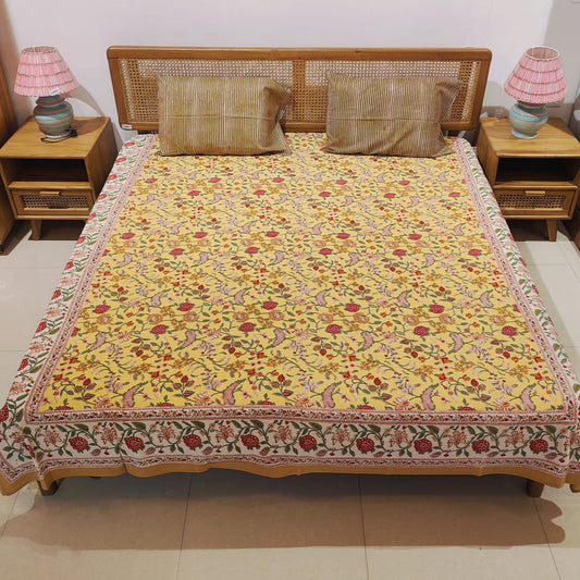 Vibrant Yellow Hand Block Printed Cotton Bedsheet Set