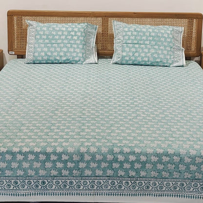Aqua Blue Hand Block Printed Cotton Bedsheet Set