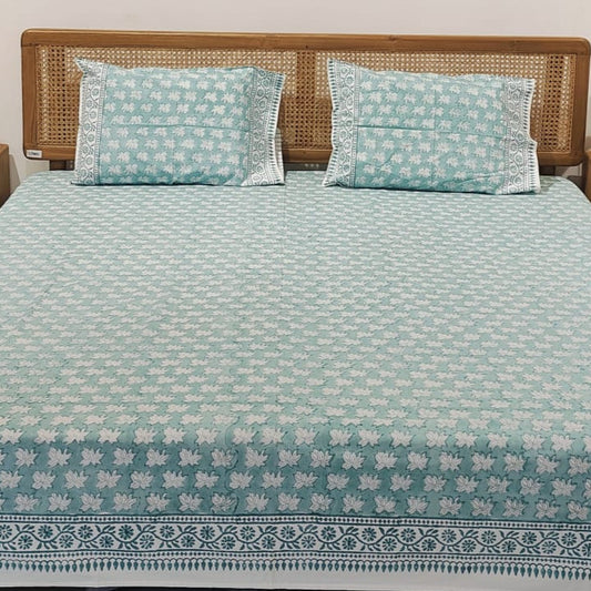 Aqua Blue Hand Block Printed Cotton Bedsheet Set
