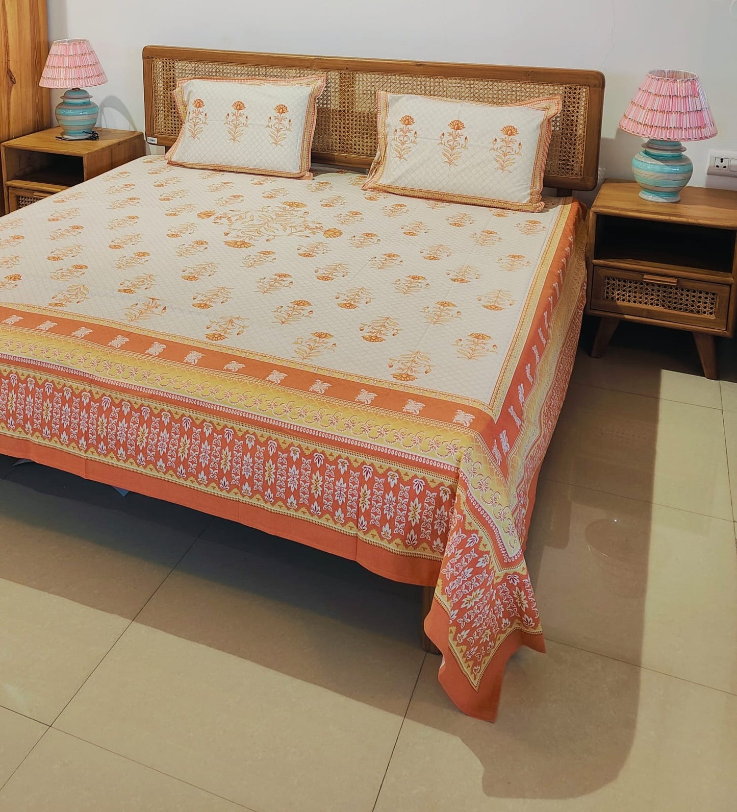 Soft Peach Floral Cotton Bedsheet Set