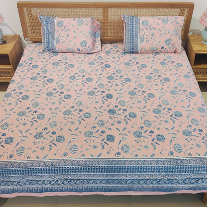 Pink & Blue Floral  Cotton Bedsheet Set