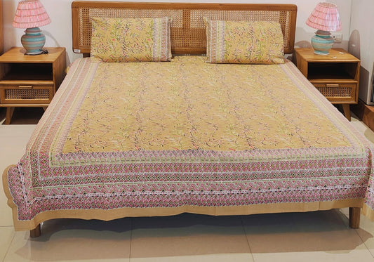 Mustard Yellow Leafy Vine Printed Cotton Bedsheet