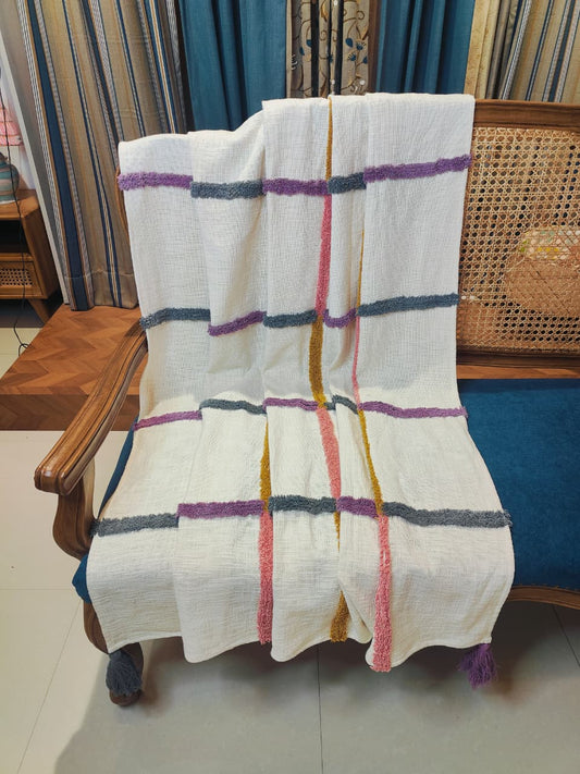Ivory Textured Throw with Multicolor Stripes &amp; Tassels